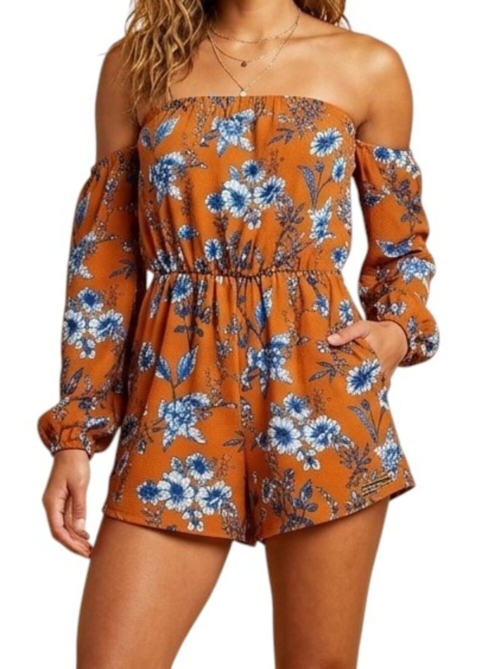 Boho Floral Off Shoulder Romper Mustard Orange Blue Festive Cold Shoulder Summer